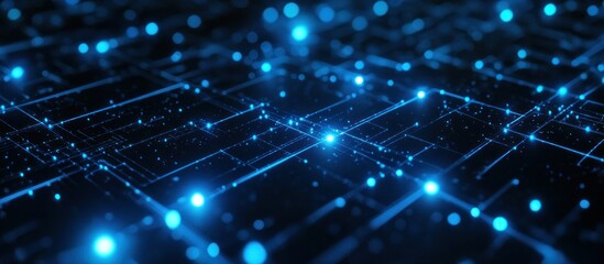 3D render, an abstract futuristic background with blue glowing neon lines and a dark, empty space for a design concept.