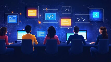 Wall Mural - creative team collaborating on digital projects in a modern workspace during an evening session