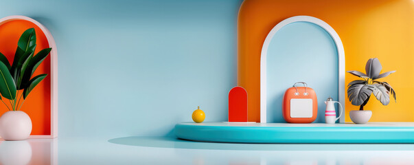 Aufkleber - modern shopping mall interior with minimalistic 3D render design features vibrant colors, including blue, orange, and red, with decorative plants and geometric shapes