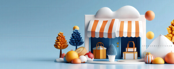 Poster - whimsical 3D illustration of online store interface with colorful trees and shopping bags, set against blue background, evoking playful shopping experience