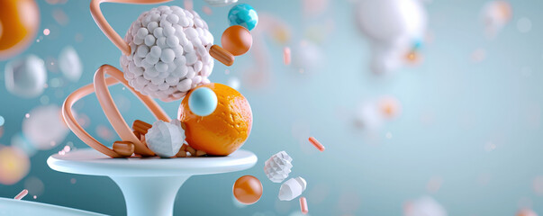 Aufkleber - 3D rendering of abstract molecular structures with vibrant colors and dynamic shapes, set against soft blue background, conveying sense of innovation and complexity