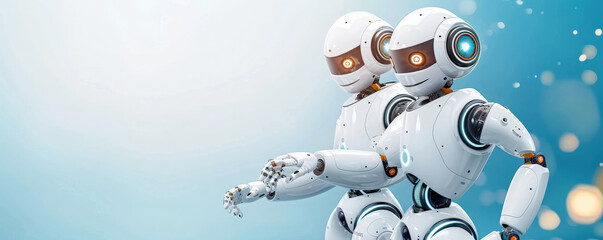 Fototapete - Two futuristic robots with glowing eyes interact digital space, showcasing advanced technology and artificial intelligence. scene is set against blue background with bokeh effects, highlighting