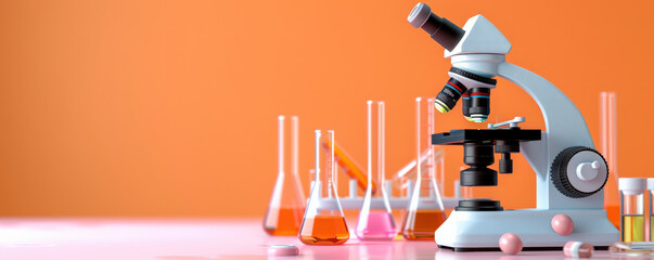 Aufkleber - microscope and test tubes with colorful liquids are arranged on laboratory table against orange background, creating vibrant scientific setting