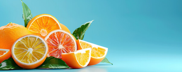Poster - vibrant arrangement of sliced citrus fruits, including oranges and lemons, is displayed against bright blue background, creating fresh and minimalistic composition