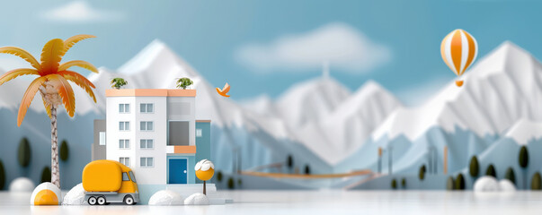 Poster - modern, minimalistic 3D render of smart city infrastructure with flat design style, featuring building, truck, and hot air balloon against backdrop of snowy mountains and palm tree