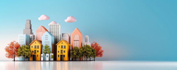 Poster - vibrant cityscape with colorful buildings and trees under clear blue sky, reflecting on glossy surface, creates serene and lively atmosphere