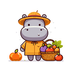 Wall Mural - Farmer hippo in yellow outfit with fruit basket. Vector illustration ideal for agricultural themes, harvest festivals, organic food markets, and countryside activities.