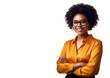 © Shyla Marsare - Mujer afroamericana, elegante y segura de sí misma, cruzando los brazos con una sonrisa cálida. Lleva una blusa elegante y tiene un estilo moderno. Perfecta para proyectos de moda.