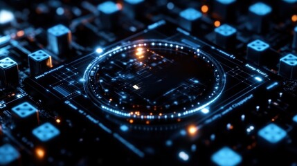 A computer chip with a glowing blue center