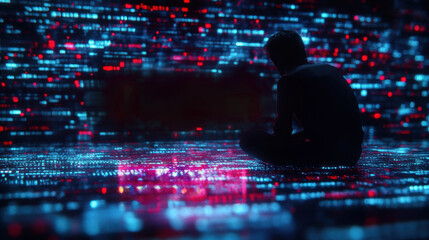 A man is sitting in a room with a computer screen behind him