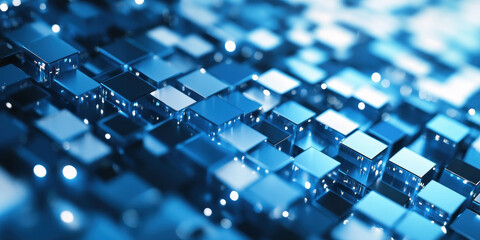 Wall Mural - abstract visualization of blue geometric blocks and glowing light shapes