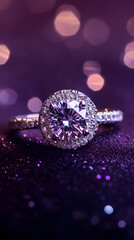 Wall Mural - close-up shot of a diamond ring sparkling brilliantly against a plush vertical, purple background