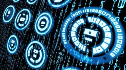 Digital interface with glowing icons and binary code