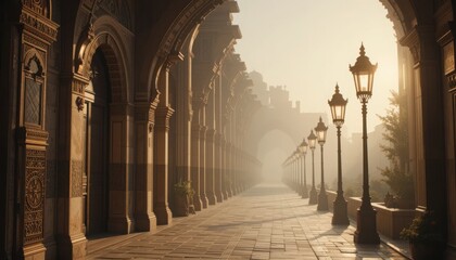 Foggy corridor in an ancient city. Arches line the passageway in golden light