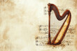 © Nataliya - Harp on a light background with scattered notes and musical symbols. A popular musical instrument in orchestral, chamber and solo music. Poster or banner for a harp concert.