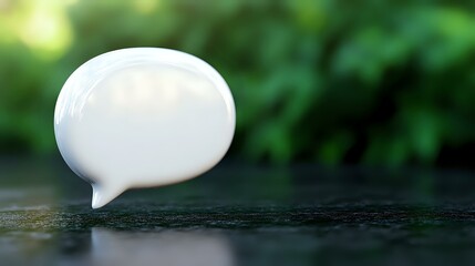 White speech bubble on dark reflective surface against blurred green natural background, minimalist communication concept for social media and messaging designs.