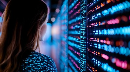 young woman looking at glowing digital data wall with streaming numbers and code in blue and pink ne