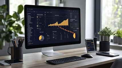 Wall Mural - modern office workspace with computer displays showing data analytics and charts in natural light