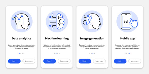Vector onboarding screens or cards of artificial intelligence containing data analytics, machine learning, image generation, mobile app. UI template for website slider or mobile app