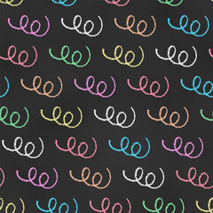 Wall Mural - Seamless Grunge Pattern of Chalk Drawn Sketches Colorful Curls on Dark Chalkboard Backdrop. Vintage Graphic Print.