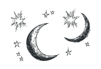 hand-drawn crescent moon and stars illustration with celestial theme. vector retro hand drawn illust
