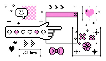 funny pixel icons set. y2k youth stickers in pink. mood of 90s. 8 bit retro style vector illustratio