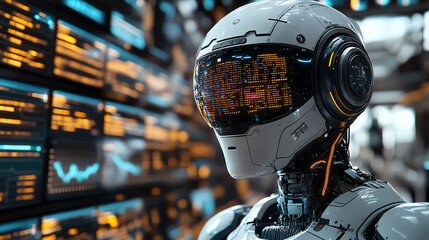 Futuristic Robot with Data Display on Helmet Close up in Tech Environment Advanced AI Artificial Intelligence Concept