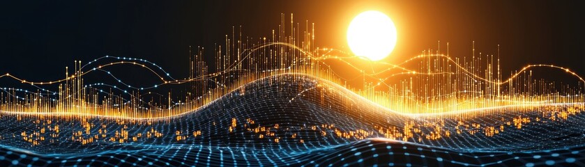 Abstract digital landscape with rising sun and data charts overlay for design