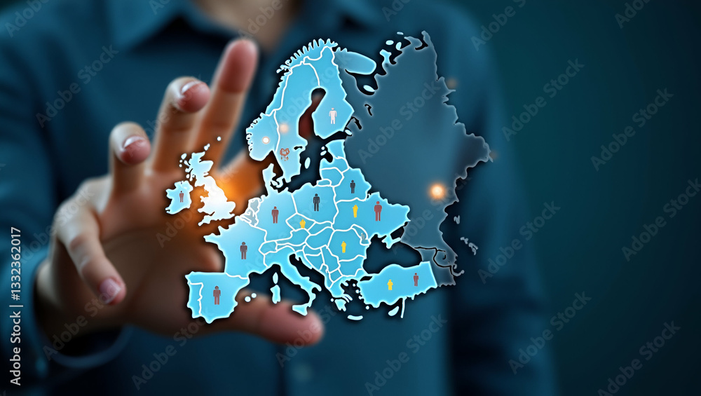 Hand Interacting With Holographic Europe Map Highlighting Family Trip hand-interacting-with-holographic-europe-map-highlighting-family-trip