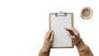 © jannik27s - a woman's hands holding a pen and writing on a blank clipboard with white paper, isolated on a white background