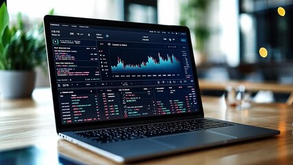 Wall Mural - modern workspace with laptop displaying financial analytics data in 4k resolution