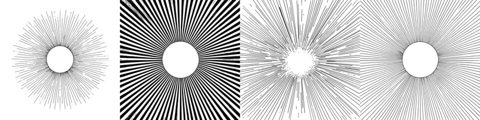 A vintage-style illustration features hand-drawn sun rays, presented as isolated objects in a modern black and white line drawing within a radial frame