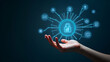 © HaJung - Flat Hand interacting with holographic digital banking interface showing financial services data security currency exchange payment icons in empty space concept as Hand interacts with holographic digi