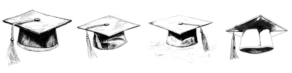 A modern doodle sketch of a university hat is isolated on a white background