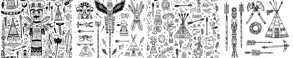 Traditional Native American objects include a wigwam, totem pole, canoe ...