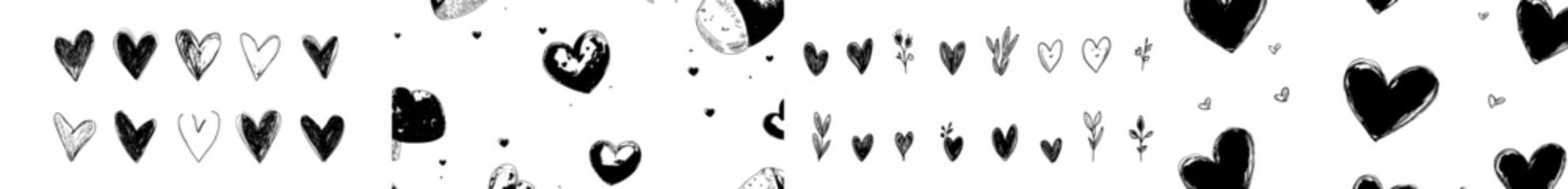 A set of hand-drawn black and red hearts, symbolizing love, serves as design elements for a Valentine's Day card, characterized by modern illustration