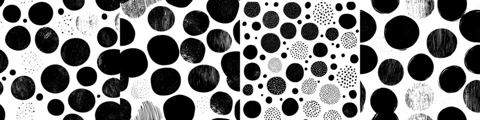 A seamless pattern featuring an assortment of abstract shapes, dots, and splatters, set against a hand-drawn background created with ink and markers, characteristic of Scandinavian style