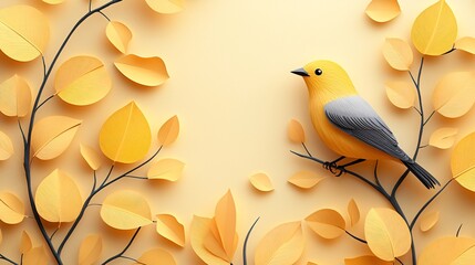 Wall Mural - Autumn Bird Amidst Paper Leaves