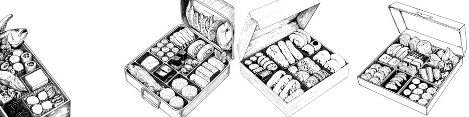 A simple drawing of Osechi, the traditional Japanese New Year's food, created by hand