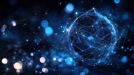 Clean and professional depicting a complex three dimensional glowing blue digital network or technological sphere with a dynamic luminous and ethereal appearance