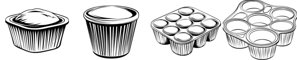 Modern illustration of a cake, muffin, and biscuit tin outline icon, featuring a line pan in a circle shape for baking cookie and cupcake dough in the oven, related to confectionery, with hand-drawn