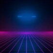 © Aleks Jovičić - A futuristic digital landscape with a grid floor and neon cityscape against a dark backdrop, featuring pink and blue wireframe mountains