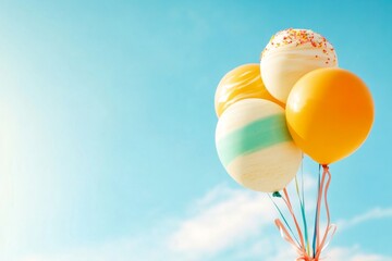 a cluster of colorful helium balloons floating against a clear blue sky, with ribbons trailing gentl