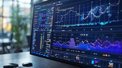 Wall Mural - analyzing financial market trends on a modern computer screen in a bright indoor workspace