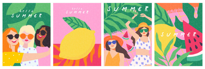 Wall Mural - hello summer. summer poster, cover, card collection with trendy hand-drawn illustrations of girls in
