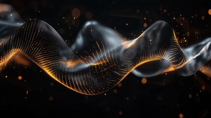 An abstract and mesmerizing digital landscape featuring glowing golden neon wave lines creating a captivating and futuristic energy field of data and technology