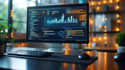 Wall Mural - modern desk setup featuring a computer displaying data analytics at nighttime with ambient lighting