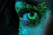 © Amal - A close-up of a futuristic eye, glowing green circuit patterns overlaid on the skin, representing advanced technology and bio-integration.