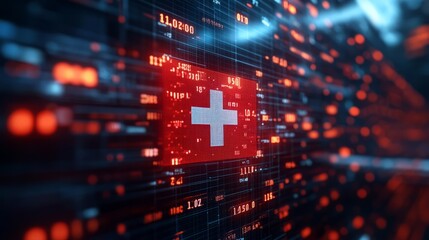 Swiss flag on a futuristic cyber network background. Red and blue light effects symbolize finance, technology, and cybersecurity. Concept of digital economy and banking in Switzerland