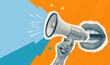 © LanaSham - Halftone retro collage with shouting mouth and hand holding loudspeaker. Breaking news concept. Torn out Newspaper clippings and doodles. Contemporary vector illustration.